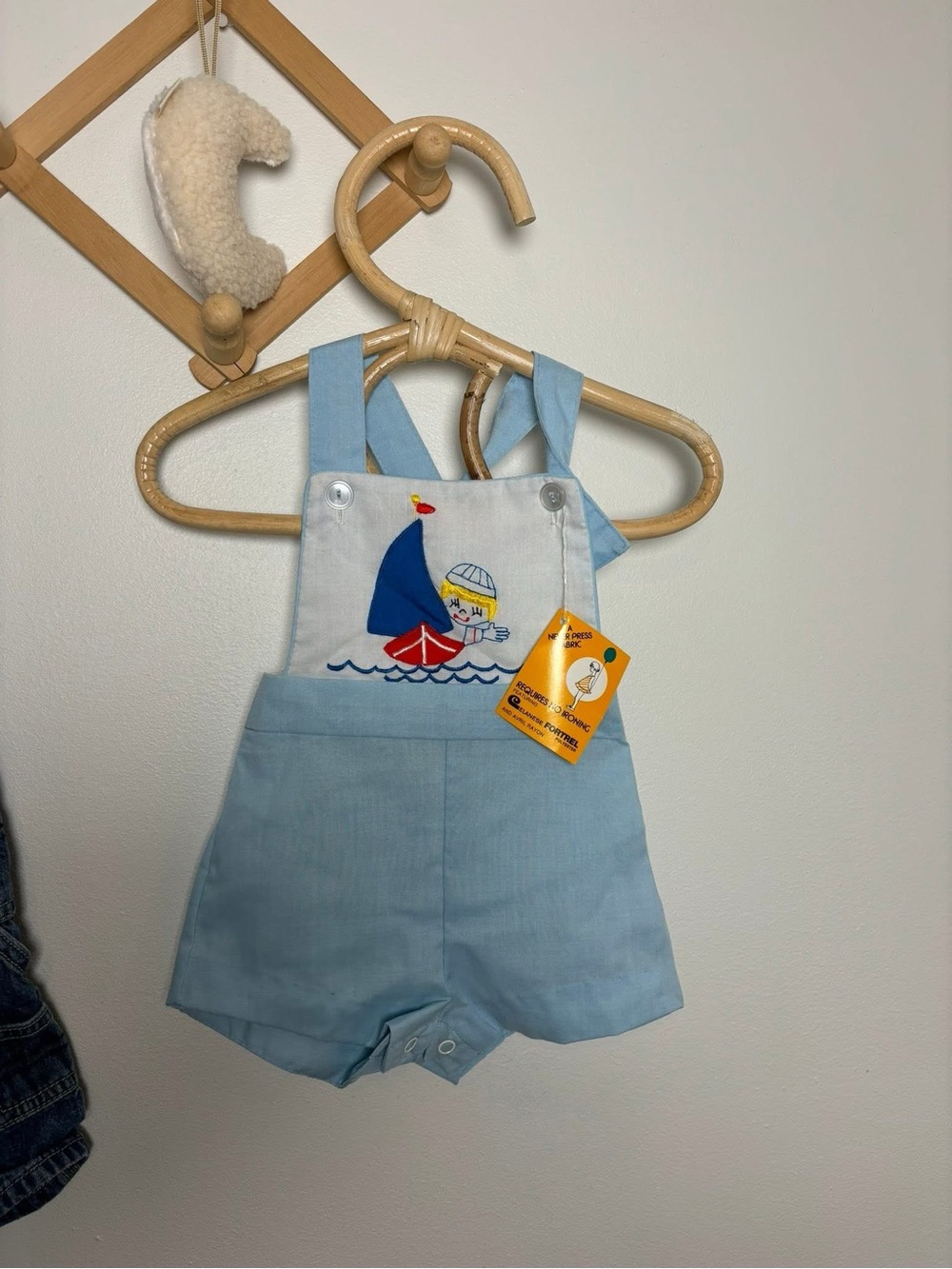Vintage Light Blue Sailboat Embroidered Baby Shortalls